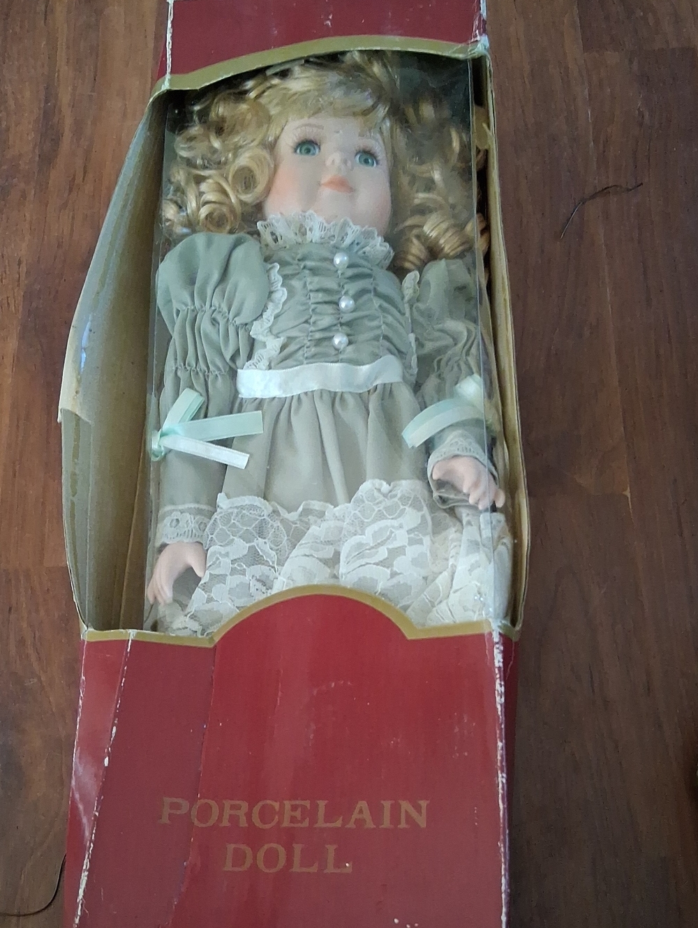 Porcelain Doll in Sage Green Lace Dress - Unbranded